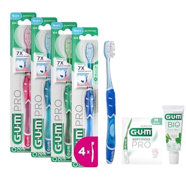 GUM Spazzolino da denti manuale Pro morbido, setole affusolate, impugnatura ergonomica antiscivolo, testa compatta, 1 pezzo, 4 x 1 pezzi (con 1 campione in omaggio)