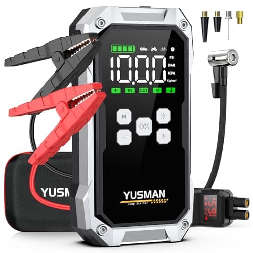 YUSMAN Avviatore Batteria Auto - 6000A, Booster Avviatore Batteria Auto con Compressore 150PSI (per Motori 12V ALL GAS e 10.0L DIESEL),5 V/3A, Jump Starter Doppia USB, Torcia a LED, Display LCD