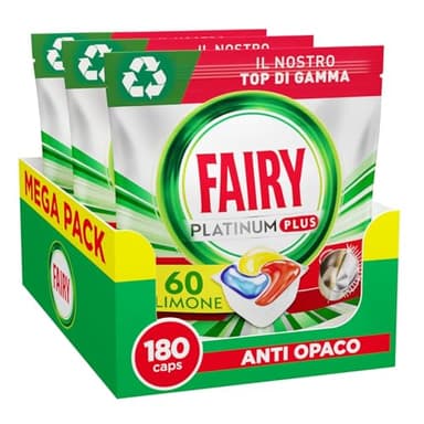 Fairy Platinum Detersivo Pastiglie Lavastoviglie Plus, 180 Capsule, Limone, Tecnologia Anti-Opaco Con Azione Brillantante, Contro Il Grasso E Le Incrostazioni Ostinate