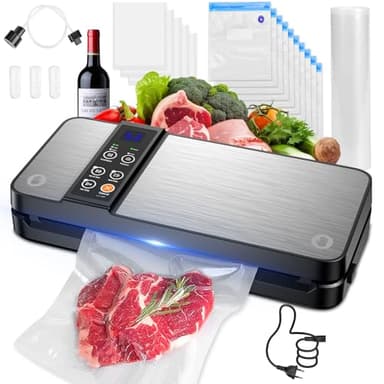 Macchina Sottovuoto Alimenti 8 in 1, Professionale 80KPA Vuoto Veloce e Display Digitale a LED,Stoccaggio Rotoli con Taglierina per Alimenti Freschi Secchi e Umidi Buste (Argenteo)