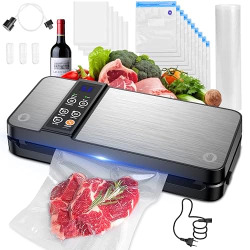 Macchina Sottovuoto Alimenti 8 in 1, Professionale 80KPA Vuoto Veloce e Display Digitale a LED,Stoccaggio Rotoli con Taglierina per Alimenti Freschi Secchi e Umidi Buste (Argenteo)