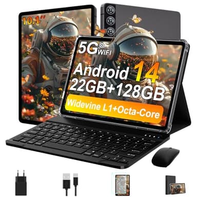 ZIOVO Tablet 10 Pollici Tablet Android 14, 22GB RAM+128GB ROM (TF 1TB), 5G WiFi/Supporto Widevine L1/Octa-Core/8000mAh/Corpo Metallico/8+5MP/BT 5.0, 2 in 1 Tablets con Tastiera e Mouse - Grigio