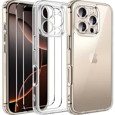 iVoler Anti Ingiallimento Chiaro Cover per iPhone 16 PRO con 2 Pezzi Pellicola Vetro Temperato e Cornice di Installazione, [Antiurto di Grado Militare] Custodia Trasparente Sottile Case