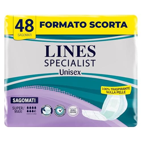 Lines Specialist, Pannoloni Sagomati Assorbenti per Incontinenza Donna e Uomo, 100% Traspirante, Zero Odore, Assorbenza Alta, 4 Confezioni da 12 Unità