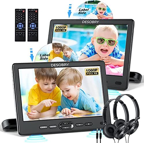 DESOBRY Lettore DVD da Poggiatesta per Auto 10,5 pollici 2 monitor poggiatesta 2 cuffie HDMI ingresso AV cavo, bambini TV supporta 1080P, supporto dello schermo auto USB/SD, ultima memoria