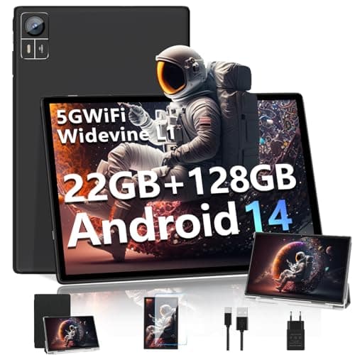 SUAAT Tablet 2025 Nuovo Android 14 Tablet, 10 Pollici con 22GB RAM 128GB ROM 5G+2.4G WiFi, Octa-Core, GMS Certified, Widevine L1, Bluetooth, Touch Tablet con Custodia -Nero