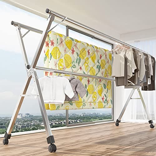 UVCMDUI Stendibiancheria Acciaio Inox, Salvaspazio Stendi Panni da Interno, Ripiegabile Stendino Lenzuola con Piedini Antiscivolo, Stendino per Panni per Uso Interno Ed Esterno,2.4m