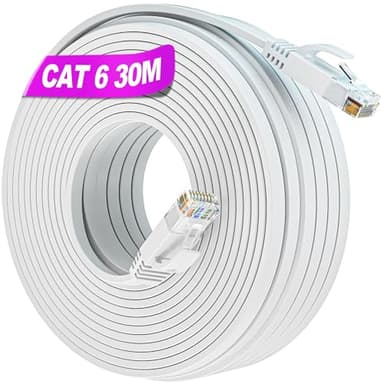 Soibke Cavo Ethernet 30 Metri, Cat 6 Cavo LAN 30m Alta Velocità Cavo di Rete Patch Ethernet Gigabit Cavo RJ45 Piatto Cavo Internet Lungo Bianco Compatibile con Cat5/Cat5e per Router, Modem