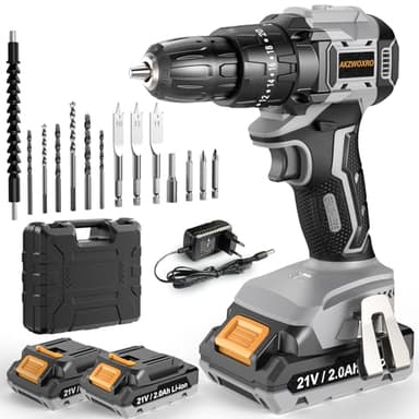AKZWOXRO Trapano Avvitatore Batteria 21V, Brushless Avvitatore a Batteria con 2 Batterie da 2.0Ah, 45N.m di Coppia, 2 Velocità, 20+3 Coppia, 14 Accessori, Luce a LED, Per il fai da te, Grigio