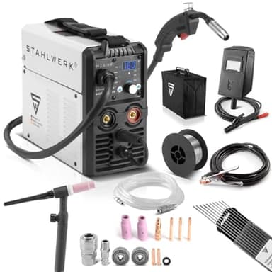 STAHLWERK Lift TIG Starter Set MIG MAG 160 M Saldatrice combinata 5 in 1 completamente sinergica con 160 ampere e 2 rulli di trascinamento/MIG MAG FLUX metallo d'apporto ARC MMA Lift TIG