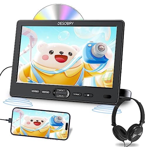 DESOBRY Lettore DVD per auto da 10,5 pollici con supporto per poggiatesta, lettore DVD portatile per auto con cuffie, ingresso disco a ventosa, supporto video 1080P