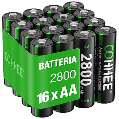 OOHHEE Batterie AA Ricaricabili 16 Pezzi, 1200 Tech AA Batterie, Ni-MH 2800mAh AA Batteria, Bassa autoscarica 1.2V AA Batteria, con 4 x Scatole di Protezione Batteria