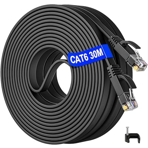Cavo Ethernet 30 Metri, Cavo Lan 30m Lungo Cat 6 Cavo di Rete ad Alta Velocità 1000Mbit/s Piatto RJ45 Gigabit Filo Lan 30mt Nero Cavo Internet per Switch Router