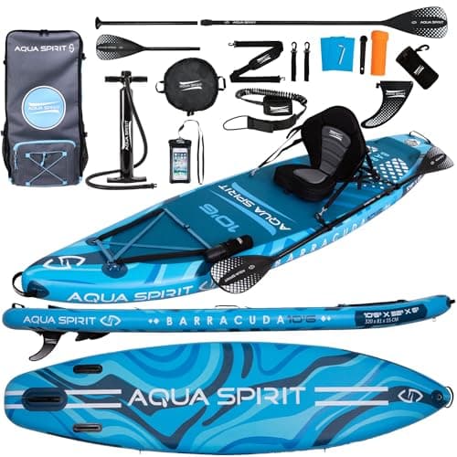 Aqua Spirit SUP Tavola da Stand Up Paddle Gonfiabile 2024 | 320x81x15cm | Kit Completo di Conversione a Kayak con Pagaia, Zaino, Pompa e altri accessori | 2 Anni di Garanzia (Nuovo Barracuda Blu 10'6)