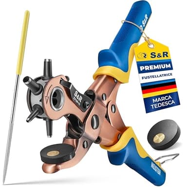 S&R Fustellatrice Buca Cinture Fori Tondi per Cuoio, Pelle, Plastica. 6 Fustelle di 2/2,5/3/3,5/4/4,5 mm. Pinza Professionale di Alta Qualità