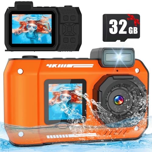 Nawchedo Fotocamera subacquea da 33 FT Aggiornata 4K 48MP Fotocamera impermeabile con scheda da 32 GB Robusta Antipolvere Antiurto Autofocus Selfie Fotocamera digitale a doppio schermo