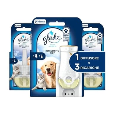 Glade liquido elettrico Profumatore per Ambienti con Oli Essenziali, Fragranza Refreshing Air™, Combatte gli odori degli animali domestici, 1 Diffusore e 3 Ricariche