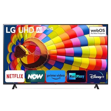 LG UHD 75'', Serie UT8000 2024, 75UT80006LA, Smart TV 4K, Ultra HD, Processore α5 Gen7, 20W, 3 HDMI, HDR10 Pro, Filmmaker Mode, Game Optimizer, Alexa, Wi-Fi, webOS 24, Telecomando Puntatore