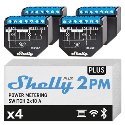Shelly Plus 2PM - Set di 4 interruttori a doppio relè Smart Home, controllo digitale tramite App gratuita e Wi-Fi, funziona con Alexa e Google Home, per porte del garage e tapparelle