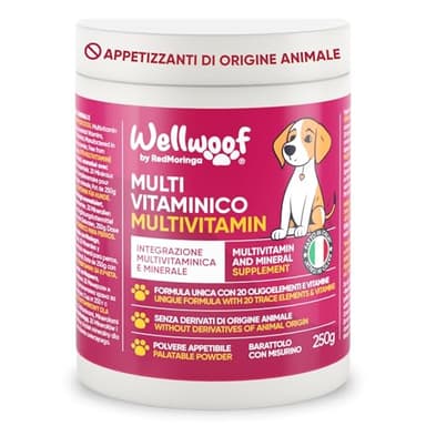 Integratore Multivitaminico Completo 11 in 1 | Integratore per Cani in Polvere (250g) | 20 Vitamine e Minerali e Moringa BIO | Senza Appetizzanti Animali | Dieta Casalinga | Made in Italy - WELLFOOF