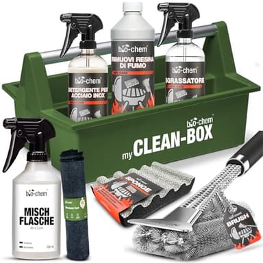 bio-Chem - Set Premium di 8 Prodotti e Accessori per la Cura del Barbecue - Sgrassatore, rimuovi Resina di Fumo, Olio Protettivo - Flacone di miscelazione, Pennello, Spugna, Panno