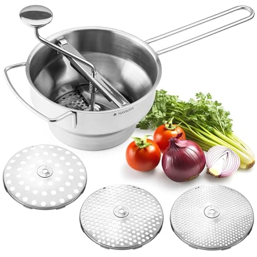 Navaris Passaverdure Manuale Acciaio Inox Ø20,5cm - 3x Dischi Passaverdura di Ricambio - Passatutto per Verdure Frutta - Purè Salse Zuppe Vellutate