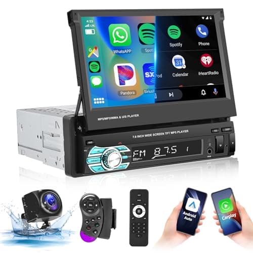 Podofo 1 Din Autoradio Carplay Android Auto Mirror Link Bluetooth Estendere Manualmente lo 7'' Touchscreen Mani Libere FM/ 7 Colori Telecomando Chiave EQ//USB/AUX/MIC/SD/AHD Telecamera Posteriore