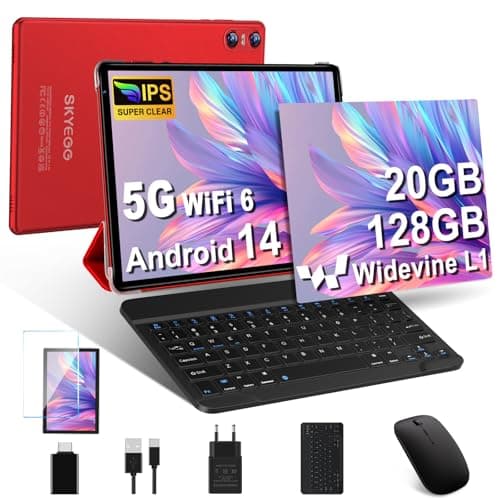 SKYEGG Tablet 10 Pollici Android 14, 20 GB RAM + 128 GB ROM(Espandibile Fino a 1 TB), Octa-Core, 5G Wi-Fi 6, 8MP + 5MP, 6000mAh, GPS, Widevine L1, USB-C Tablet con Tastiera + Mouse + Custodia, Rosso