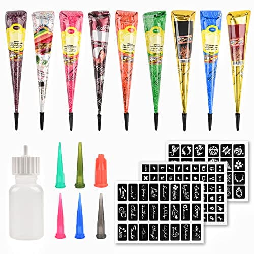 YUXUAN Kit per Tatuaggi Temporanei, 9 Colori Tatuaggi Temporanei Cono, 108 Pezzi Set di Modelli per Stencil, 1 Bottiglia Applicatore e 5 Ugelli di Plastica, Kit per Tatuaggi Halloween, Natale.