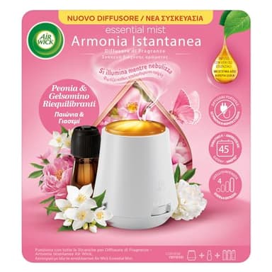Airwick Armonia Istantanea Profumatore per Ambienti, Confezione con 1 Diffusore di Oli Essenziali e 1 Ricarica per Diffusore di Oli Essenziali alla Fragranza Peonia e Gelsomino