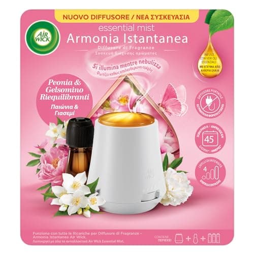 Airwick Armonia Istantanea Profumatore per Ambienti, Confezione con 1 Diffusore di Oli Essenziali e 1 Ricarica per Diffusore di Oli Essenziali alla Fragranza Peonia e Gelsomino