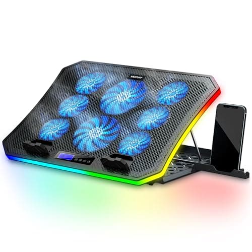 Basi di Raffreddamento per PC Portatili Gaming RGB, MOOJAY Scrivania e Uso Sul Giro, Ventola PC Portatile 8 Altezze Regolabili con 8 Ventole+Supporto Telefono, per 15,6-17,3" Laptops - Luce LED Blu