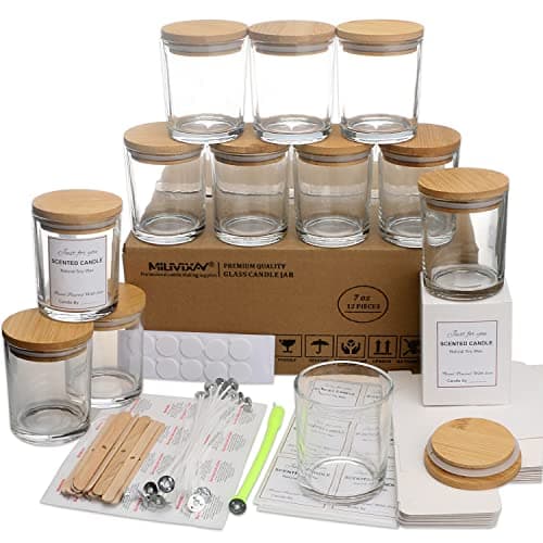 MILIVIXAY - Confezione da 12 barattoli per candele, in vetro trasparente, 207 ml, con coperchio e kit per la creazione di candele, vuoti, contenitori per spezie e polveri