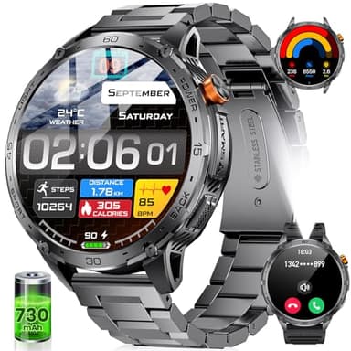 Smartwatch Uomo Militare,1,75'' AMOLED Grande Schermo/Torcia LED/730 mAh Batteria, Orologio Intelligente con SpO2 /Sonno/Cardiofrequenzimetro, 100+ Modalità Sportive, 5ATM Impermeabile per Android IOS