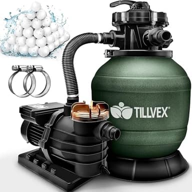tillvex Pompa Filtro Piscina Portata 13.200L/h fino 40.000L + 1200g Filtro Balls | 7 funzioni filtrazione | Adattatore 2in1 Ø32-38mm + indicatore pressione | Filtro sabbia piscine (Verde)