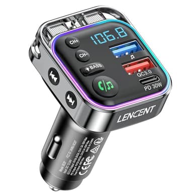 LENCENT Trasmettitore FM Bluetooth, Auto Radio FM Bluetooth 5.3 per Accendisigari, Caricatore Rapido per Auto PD 30W & QC3.0 USB Porta, Adattatore FM Bluetooth Auto, Hi-Fi Musica/Chiamata Chiara