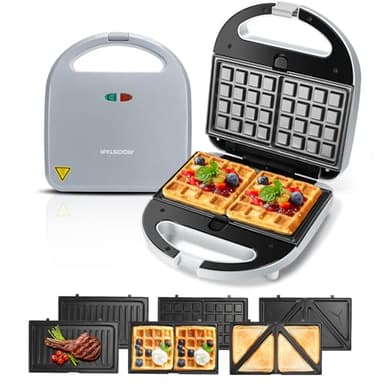 Aigostar Sandwich Maker/Grill/Waffle Maker 3 in 1. 750W, Piastre antiaderenti e rimovibili, con sistema automatico termostatico, Impugnatura Cool Touch, Design esclusivo, Grigio, Grace