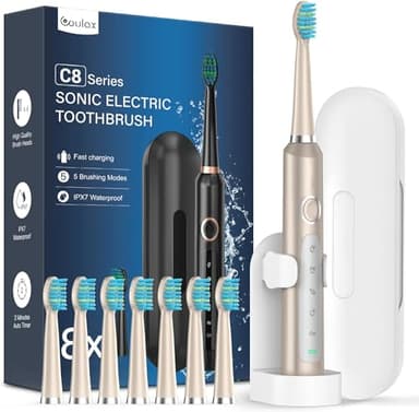 Spazzolino Elettrico Sonico con 8 Testine - Spazzolino Sonico Adulti Ricaricabile, Spazzolino Denti Elettrico con Custodia, 5 Modalità, Spazzolino Da Viaggio Ultrasonico, Oro Smerigliato