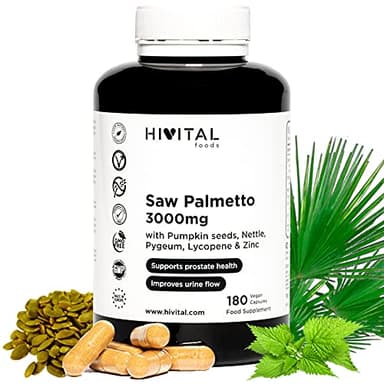 Saw Palmetto 3000 mg. 180 capsule vegane Per la Prostata e la Salute delle vie urinarie. Con Serenoa Repens (Sabal Serrulata), Semi di zucca, Ortica, Pigeum Africanum, Licopene e Zinco.