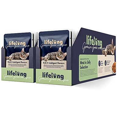 Marchio Amazon - Lifelong, Cibo umido per tutta la vita senza cereali per gatti adulti selezione di carne in gelatina, 4.76 kg, 56 Confezioni da 85 g