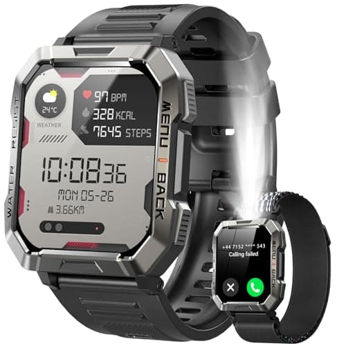 IOWODO Smartwatch Uomo con Chiamate,2.01“ Militari Smart Watch con Torcia/900mAh Batteria/2 Cinturini/Bussola/SpO2/100 Sportive/Cardiofrequenzimetro/Sonno,Orologio Fitness Tracker per iOS/Andriod