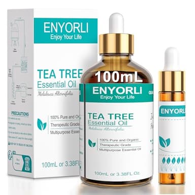 ENYORLI Tea Tree Essenziale Olio 100ml Naturale Tea Tree Olio per Pelle Viso Capelli Unghie, Aromaterapia, Diffusori, Fabbricazione di Candele, Massaggi, Cura della Casa, Sterilizzazione, Uso Esterno
