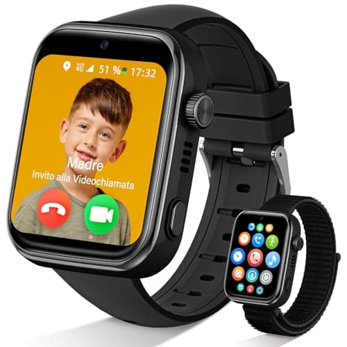 AKUMAKA 4G Smartwatch Bambini con SIM e GPS, IP68 Orologio Smartwatch Bambini con Videochiamate, WhatsApp, SOS, 5 Modalità Sportive, Modalità Scuola, Contapassi, Sveglia, Smart Watch per Ragazzi, Nero