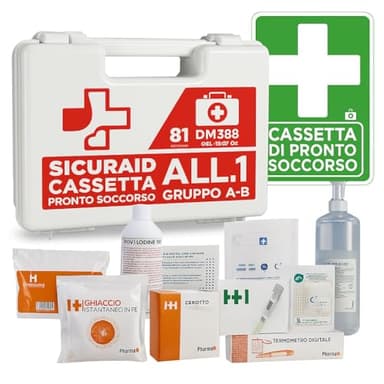SICURAID Cassetta Pronto Soccorso All. 1 con Cartello Segnaletico – Kit Primo Soccorso Aziendale Conforme DM 388/2003 per Attività con 3 o più Lavoratori Valigetta Bianca Dispositivi MDR