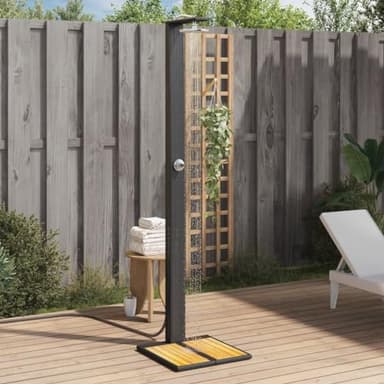 Sufrk Doccia da Esterno Nera 50x55x224cm in Polyrattan e Legno Acacia,Doccia da Giardino,con Pedana e Soffione,Rustico - Doccia da Esterno,per Piscina,Campeggio