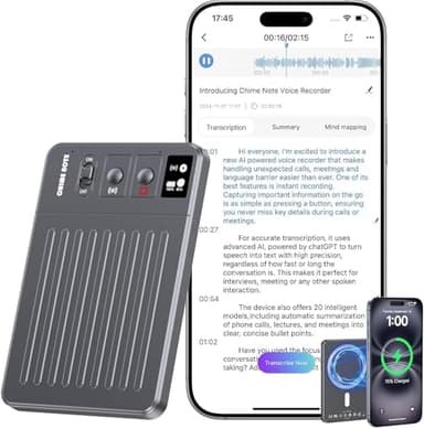 Registratore Vocale AI, Trascrizione e Sintesi, Controllo APP, Ricarica Wireless, Supporta 107 Lingue, 64GB Memoria, Registratore Audio per Lezioni, Riunioni, Chiamate, Grigio Scuro