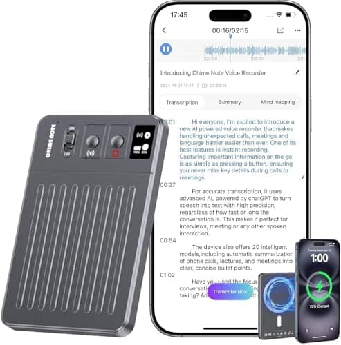 Registratore Vocale AI, Trascrizione e Sintesi, Controllo APP, Ricarica Wireless, Supporta 107 Lingue, 64GB Memoria, Registratore Audio per Lezioni, Riunioni, Chiamate, Grigio Scuro