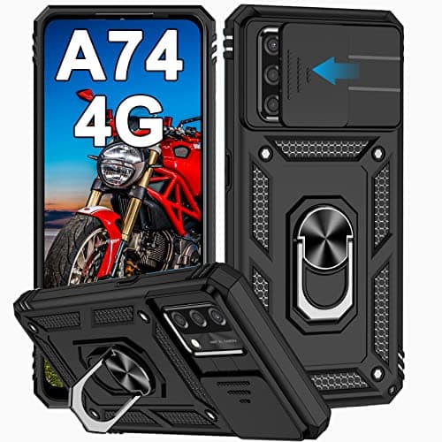 Cover per Oppo A74 4G (Non per A74 5G), Slide Protezione Fotocamera, Armatura Cover con 360 Gradi Girevole Anello Metallo Magnetica Supporto Silicone Antiurto Custodia per Oppo A74 4G, Nero
