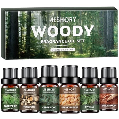 AESHORY Legnosi Oli Essenziali per Diffusori 6 x 10ML, Set di Olio Essenziale di Aromaterapia Naturale al 100% per Massaggi, Bagno - Sandalo, Cedro, Cipresso, Incenso, Legno di Teak, Pino Forestale