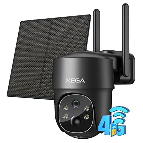 Xega 4G Telecamera Solare Esterno con SIM Scheda, 2K HD PTZ Telecamere Senza Fili con Pannello Solare Batterie, Visione Notturna, Rilevamento del Movimento, Audio Bidirezionale, Rotazione 355°/90°